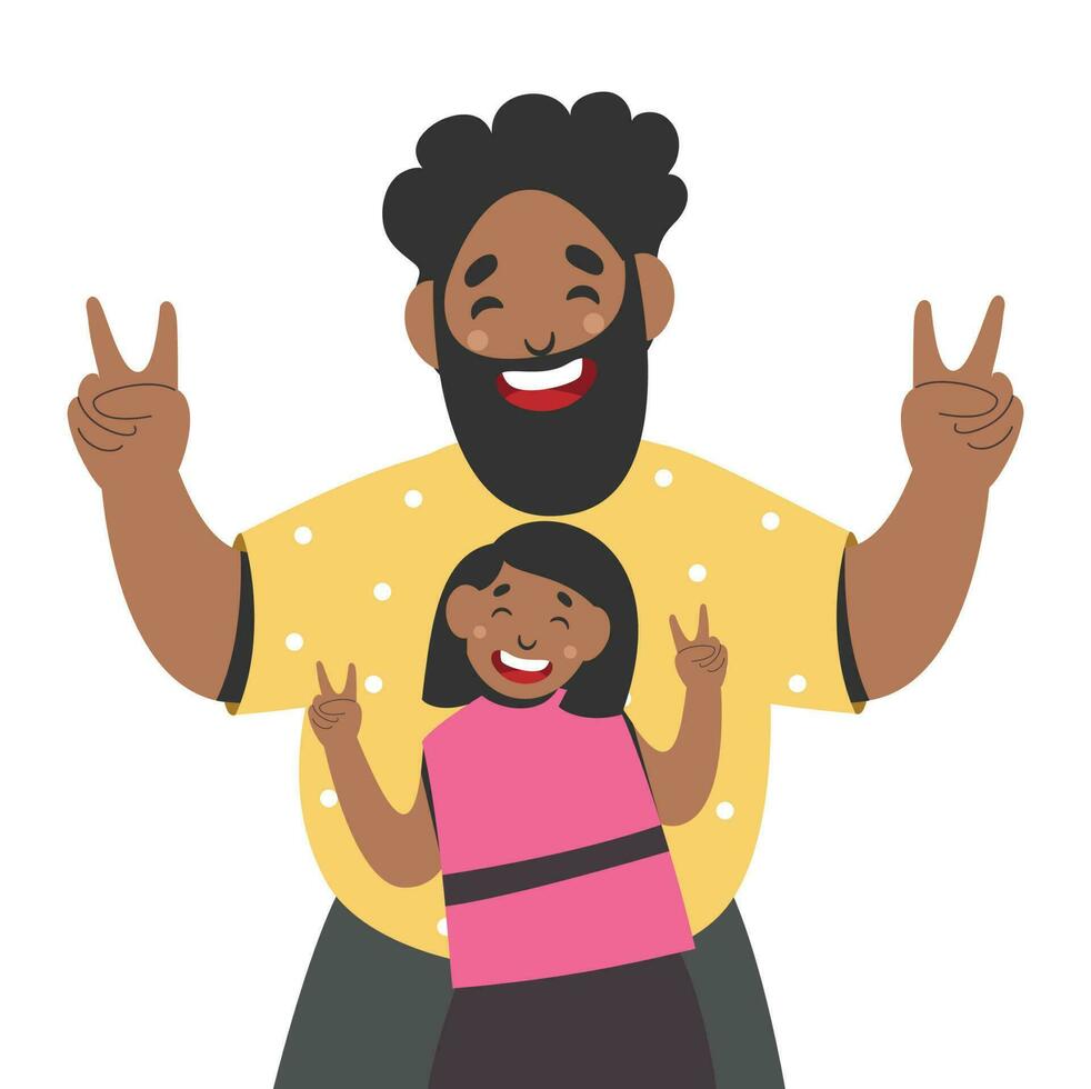 Cheerful Beard Man And His Daughter Giving Peace Gesture Against White Background. vector