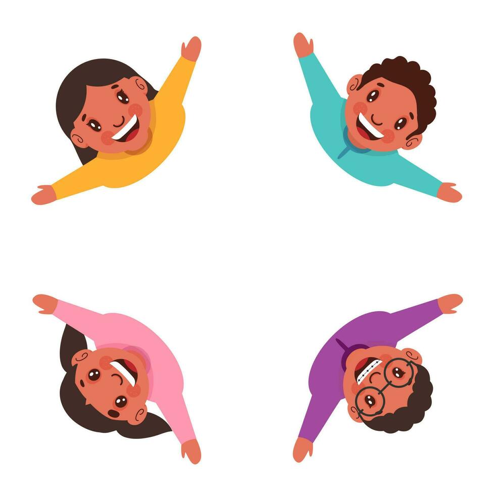 Cheerful Kids Raising Arms With Look At Upside On White Background. vector