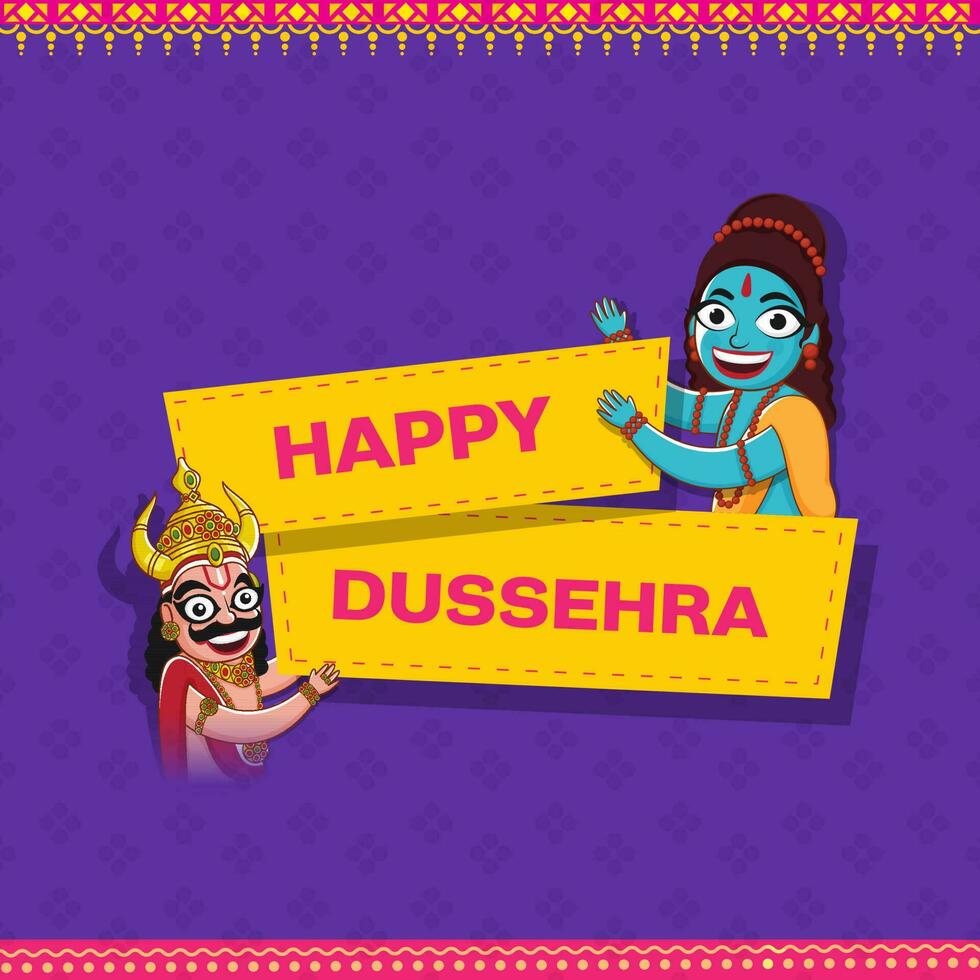 Happy Dussehra Lettering With Cheerful Lord Rama And Demon King Ravana Character On Purple Background. vector