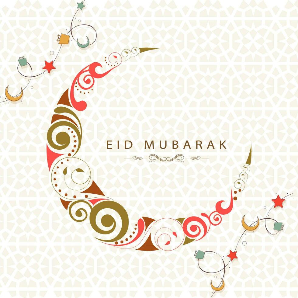 Eid Mubarak Greeting Card With Spiral Crescent Moon On White Islamic Pattern Background. vector