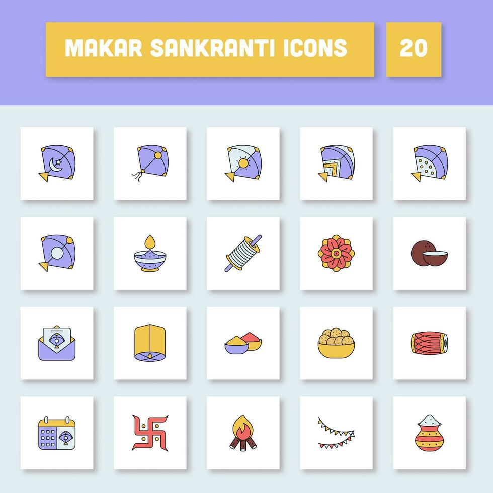 Colorful Makar Sankranti Festival Icon Set On Square Background. vector