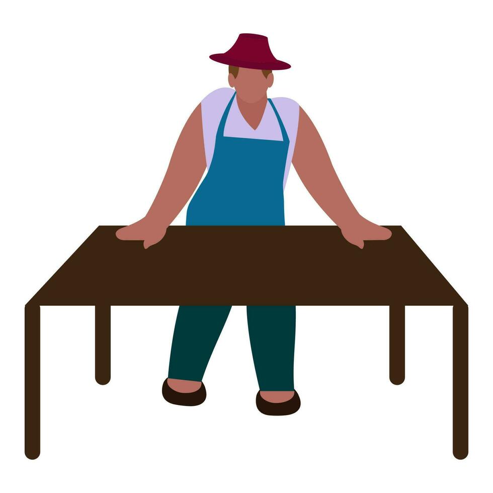 Faceless Grocery Male Worker Standing With Brown Table On White Background. vector