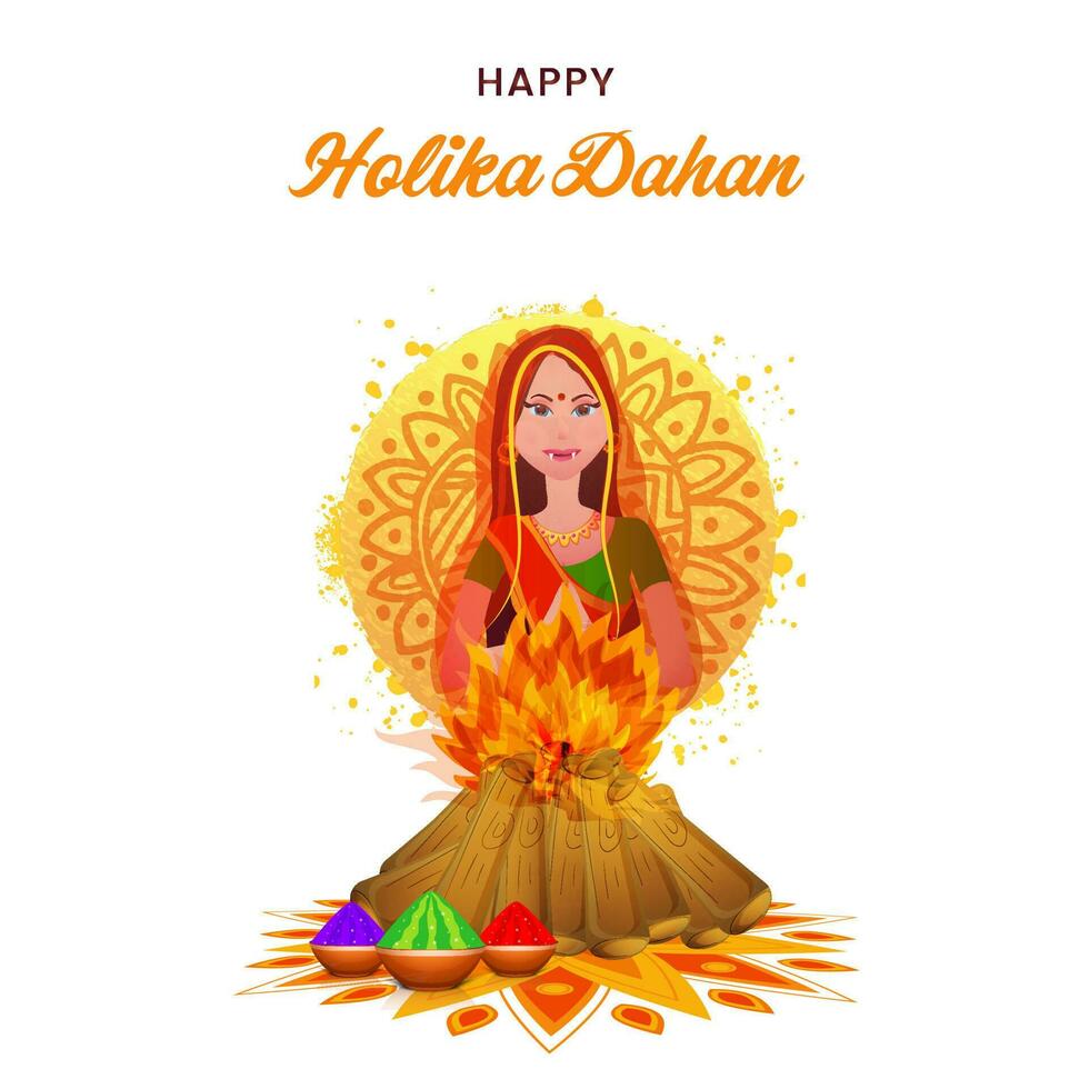 Indian festival of colours, Holi concept with Holika venomous character burning in fire as per Indian Mythology. vector