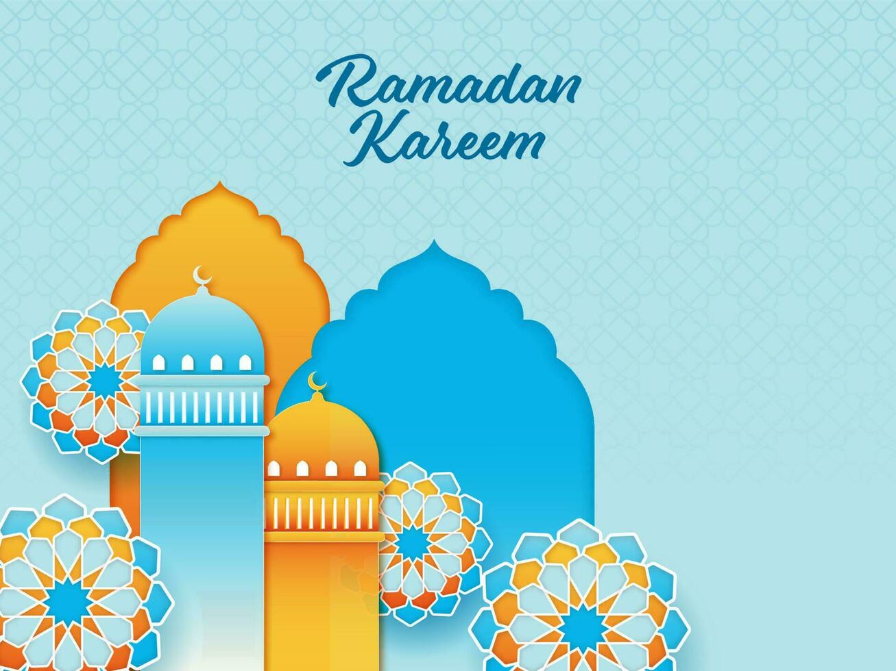 Ramadán kareem concepto con mándala, papel estilo mezquita minaretes en azul y naranja marroquí modelo antecedentes. vector