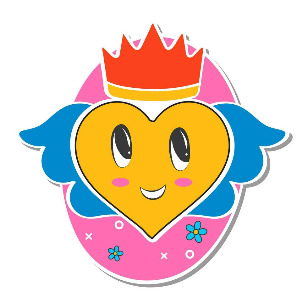 Sticker Style Heart Angel With Crown On Pink And White Background. vector