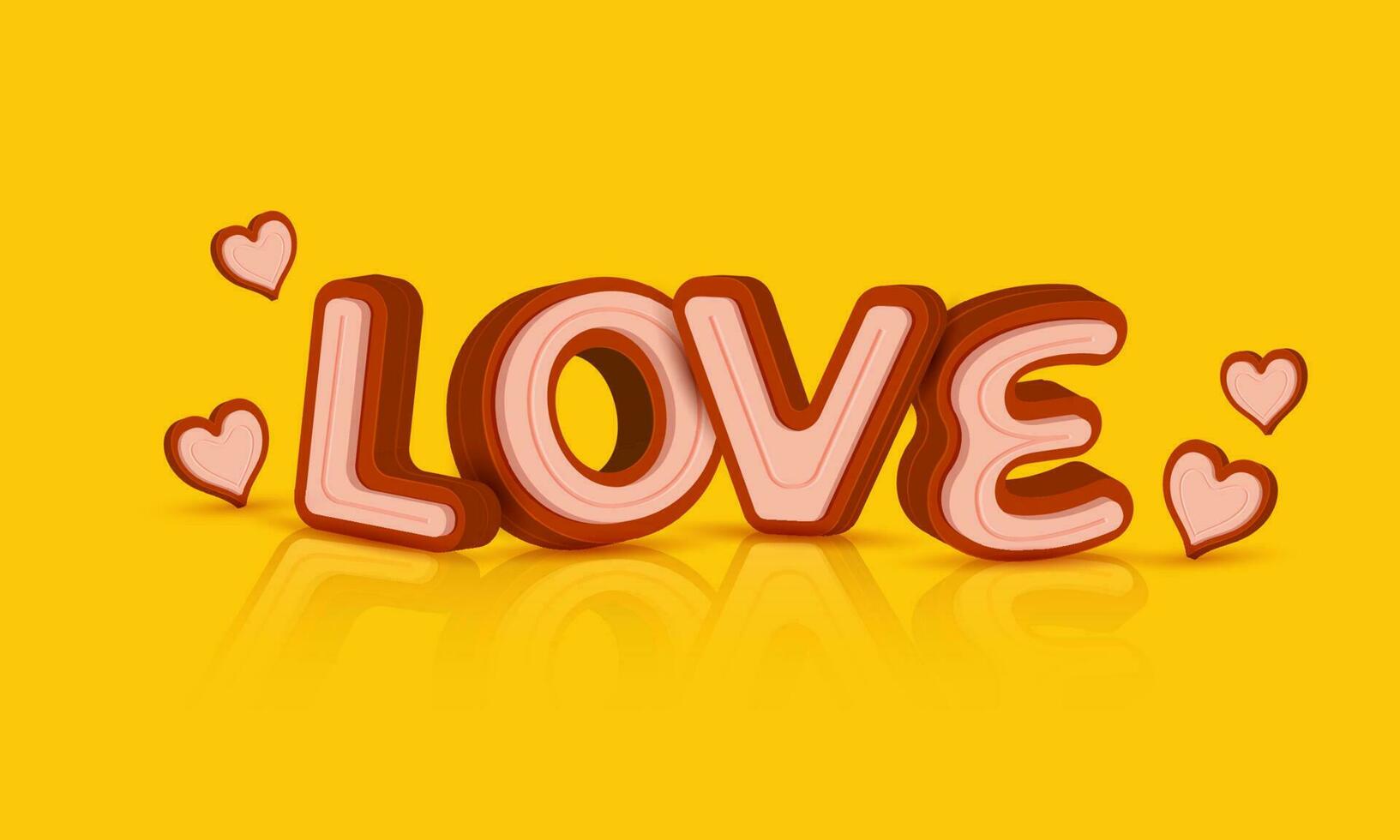 3D Love Font With Hearts Decorated On Yellow Background. vector