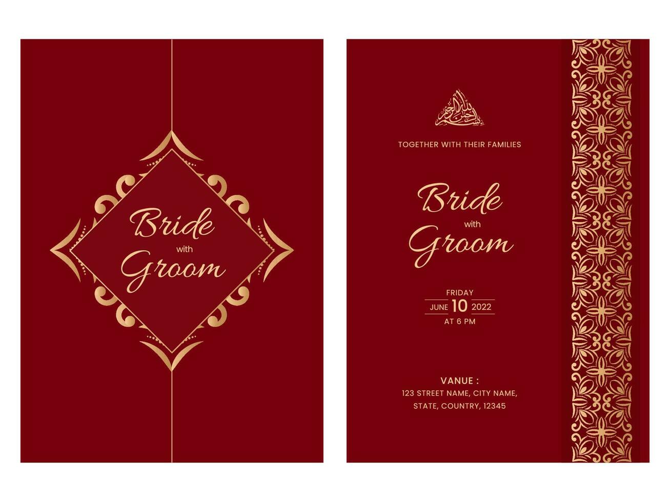 Red And Golden Color Arabic Invitation Cards For Islamic Wedding. vector