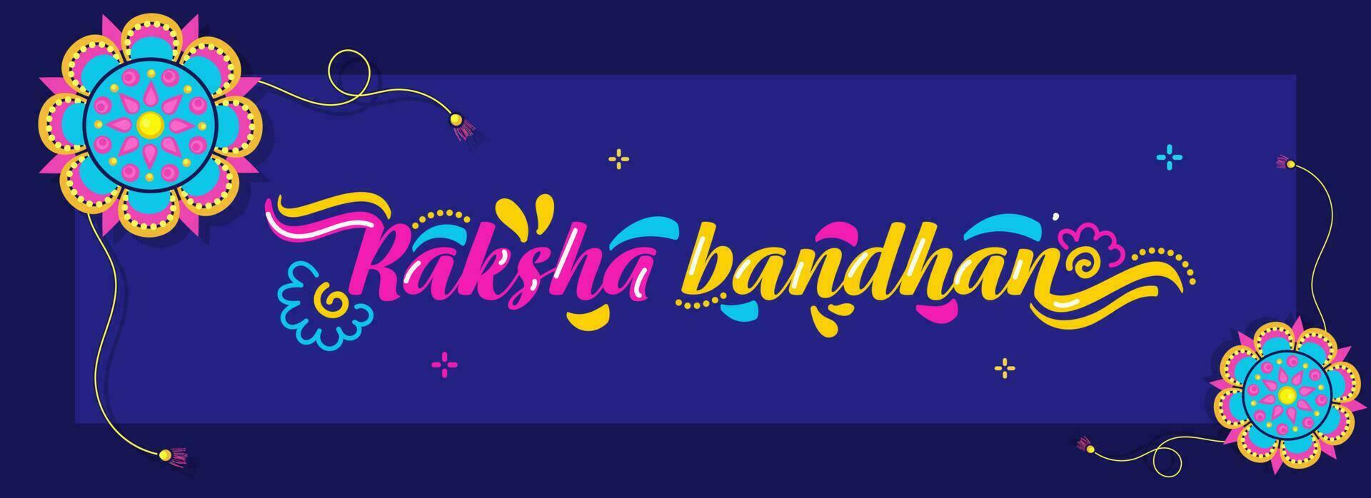 raksha Bandhan letras con rakhi y arco gotas en azul antecedentes. vector
