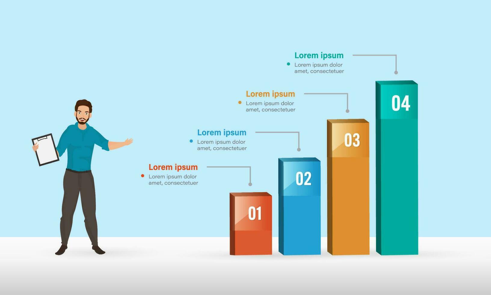 Businessman Presenting Infographic Chart Or Diagram On Blue And White Background For Progress. vector