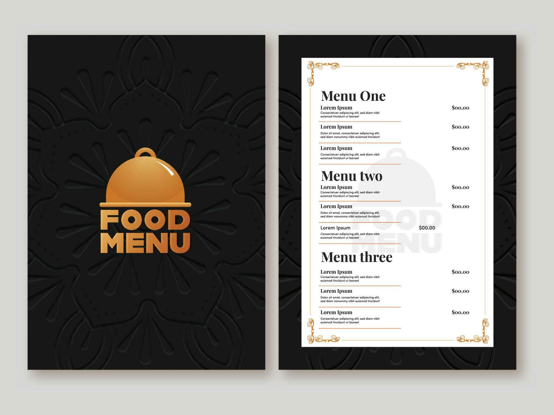 Food Menu Card Template With Double-Sides In Black And White Color