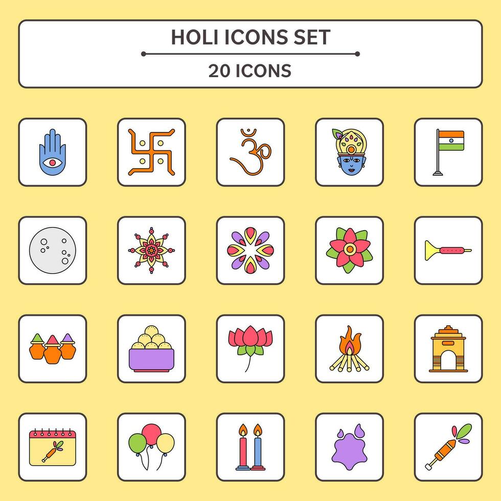 Flat Style Holi Icon Set On Yellow And White Square Background. vector