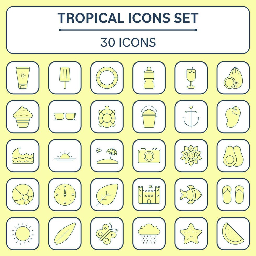 plano estilo tropical icono conjunto en cuadrado blanco y amarillo antecedentes. vector