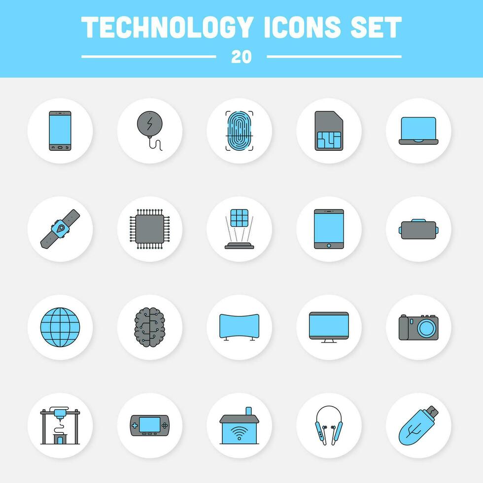 Grey And Blue 20 Technology Circle Icon Set. vector