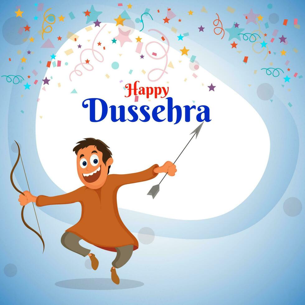 Happy Dussehra Celebration Concept With Cheerful Boy Holding Arrow Of Bow, Streamers On White And Blue Background. vector