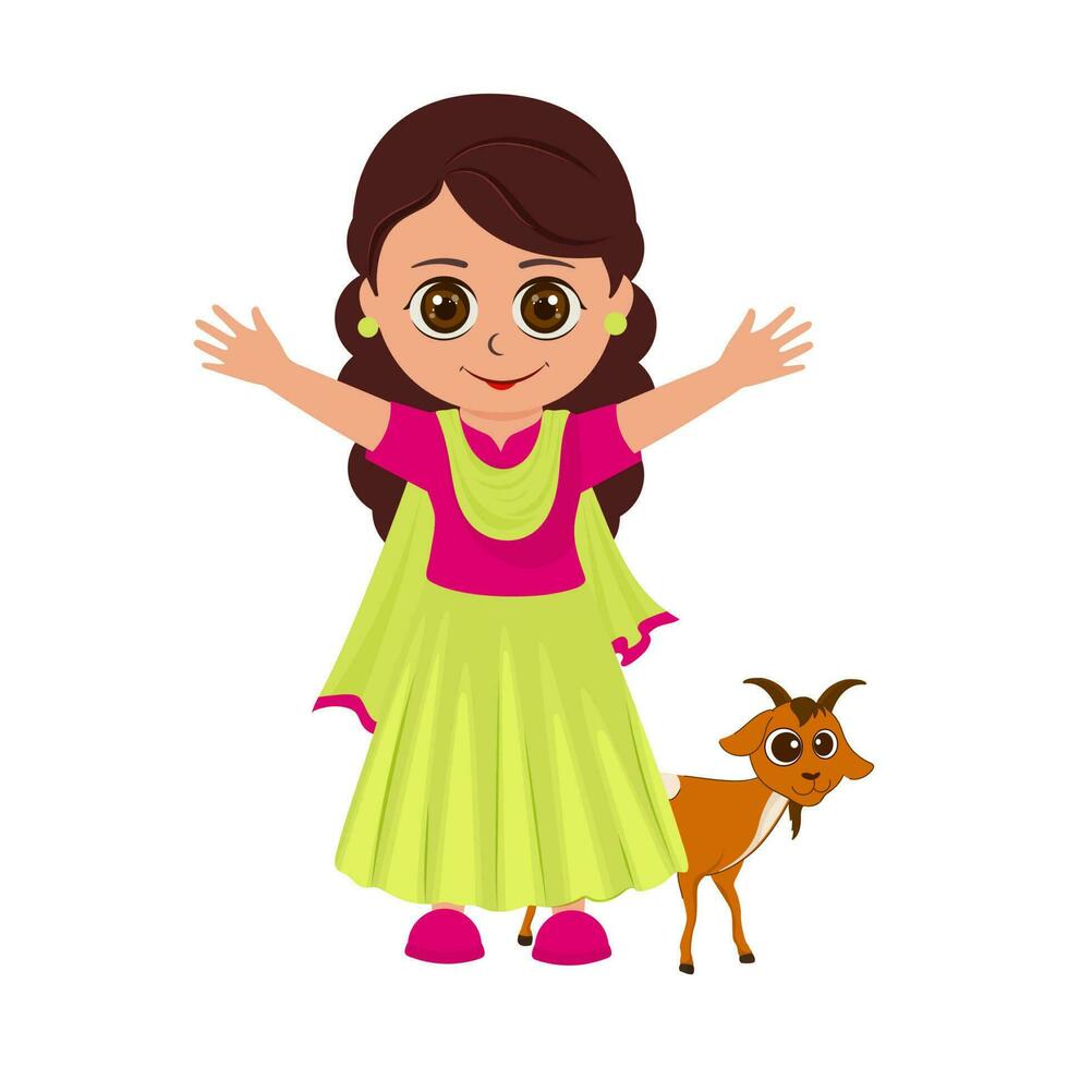 Illustration Of Beautiful Muslim Young Girl Standing With Goat On White Background. vector