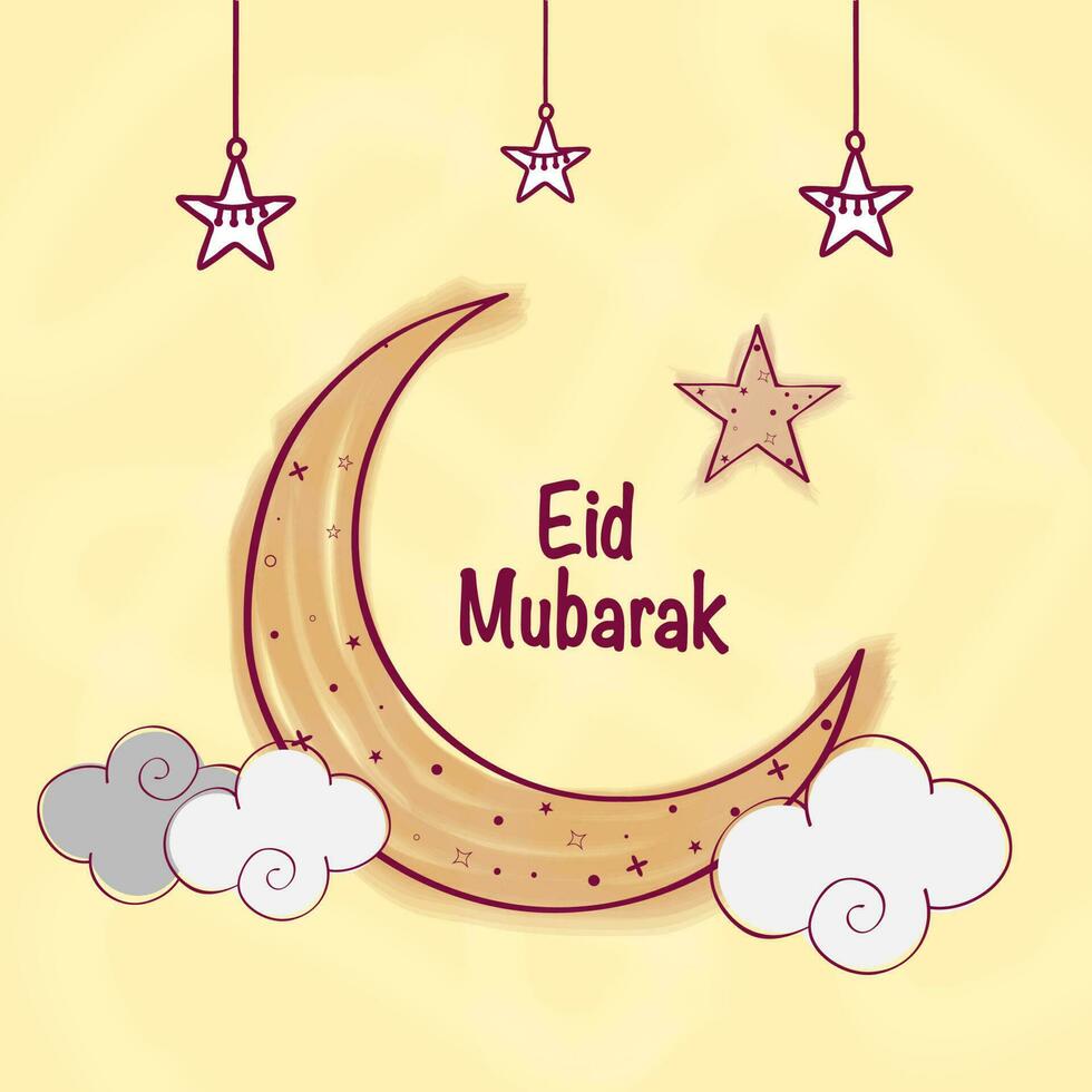 Eid Mubarak Celebration Concept With Crescent Moon, Stars, Clouds Decorated On Yellow Background. vector