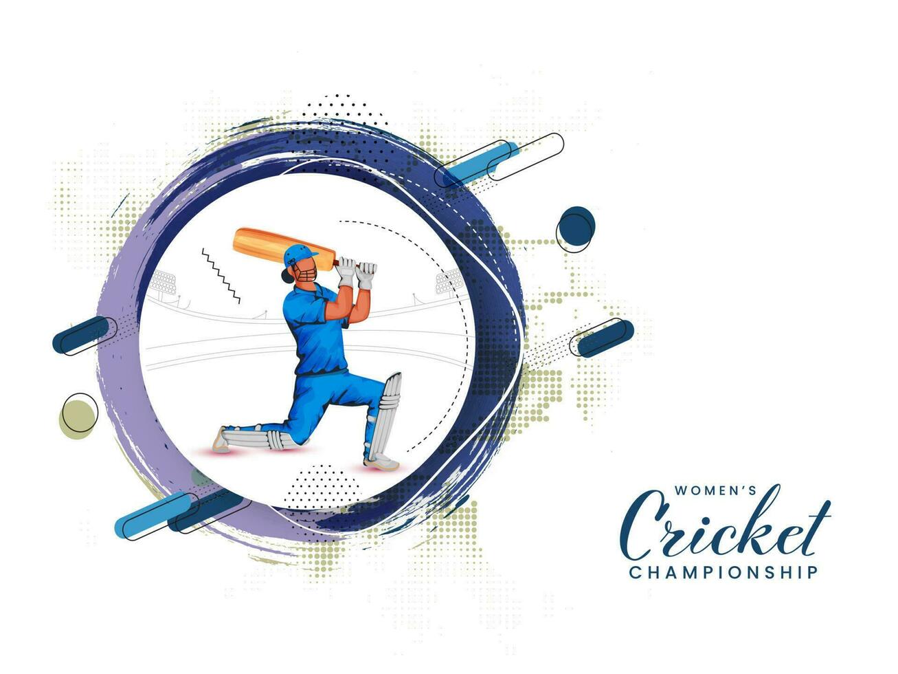 Women's Cricket Championship Concept With Cartoon Female Batter Player, Circular Brush Effect And Halftone On White Background. vector