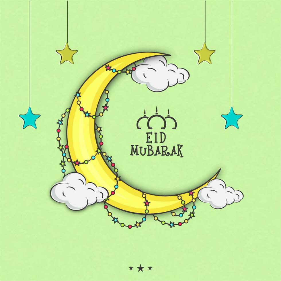 eid Mubarak saludo tarjeta con creciente Luna decorado estrella guirnalda y nubes en verde grunge antecedentes. vector