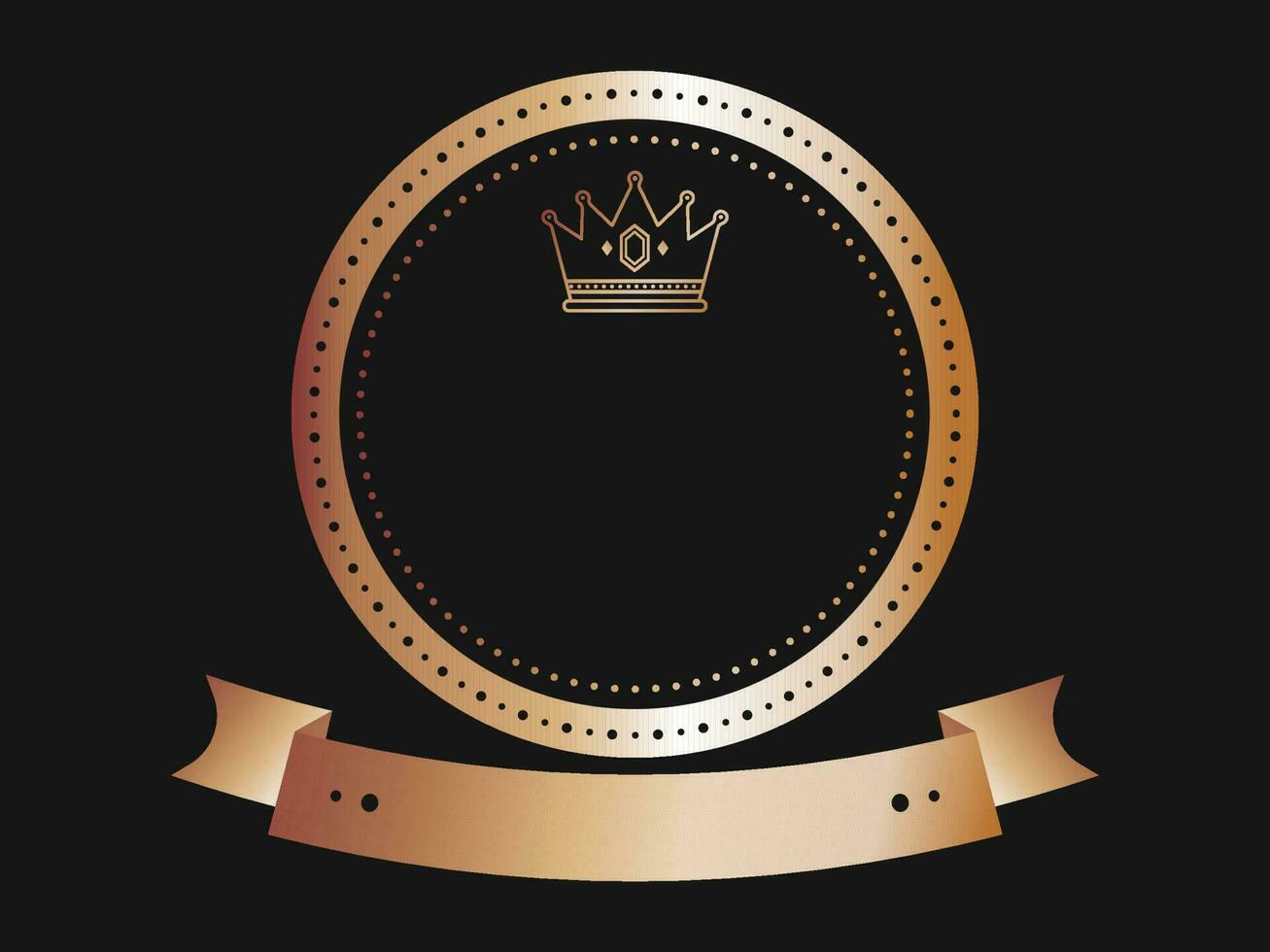 Empty Bronze Round Label Or Frame With Crown, Ribbon On Black Background. vector