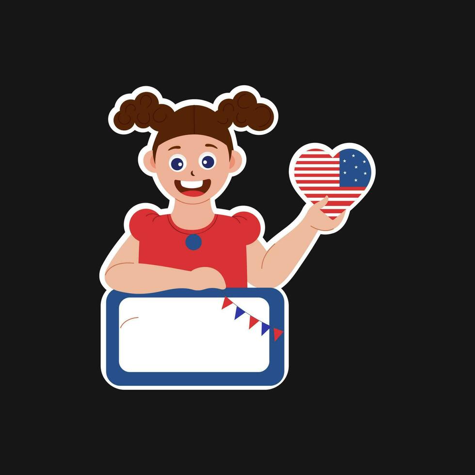 pegatina ilustración de americano bandera corazón demostración pequeño niña apoyo blanco tablero terminado negro antecedentes. vector