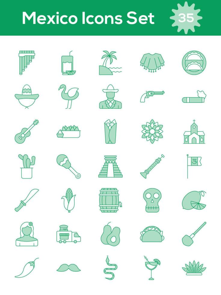 conjunto de mexico plano icono o símbolo en verde y blanco color. vector