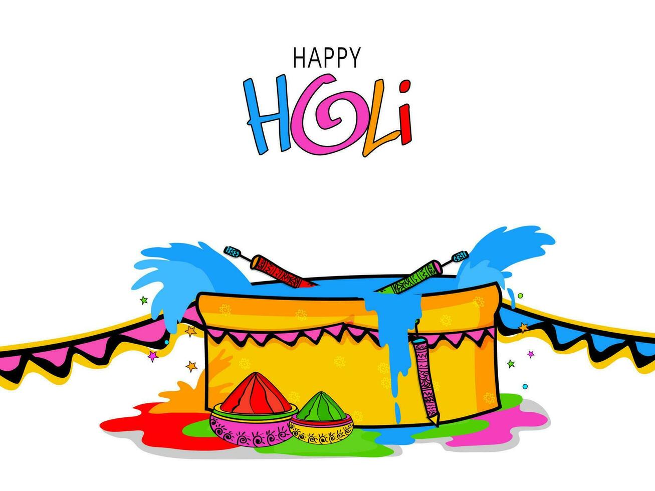 Creative Tub Full Of Colour With Water Guns And Powder Bowls On White Background For Happy Holi Celebration Concept. vector