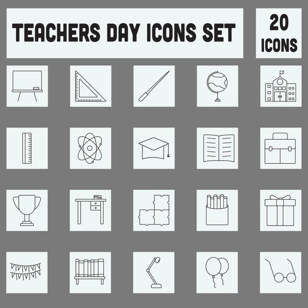 Black Line Art Of Teacher Day Icon Set On Grey Square Background. vector