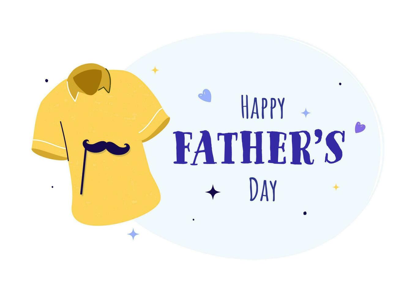 Happy Father's Day Font With Mustache Stick, Yellow T-Shirt And Hearts On White Background. vector