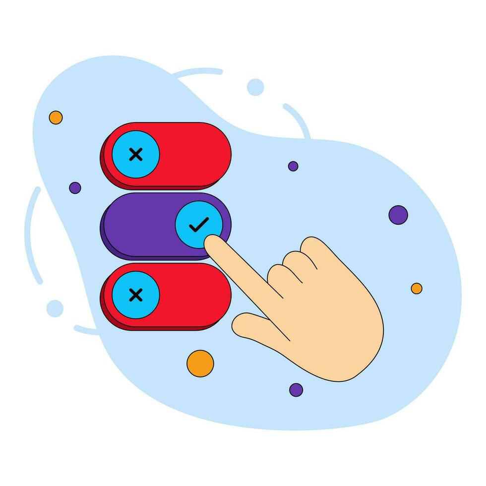 Hand Touching Slider Buttons On Blue And White Background. vector