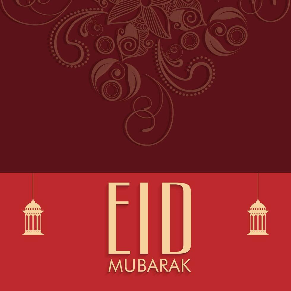 Eid Mubarak Greeting Card With Hanging Lanterns And Paisley Floral On Red Background. vector