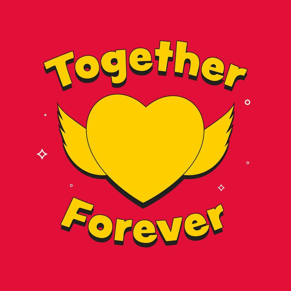 Yellow Together Forever Font With Heart Angel On Red Background. vector