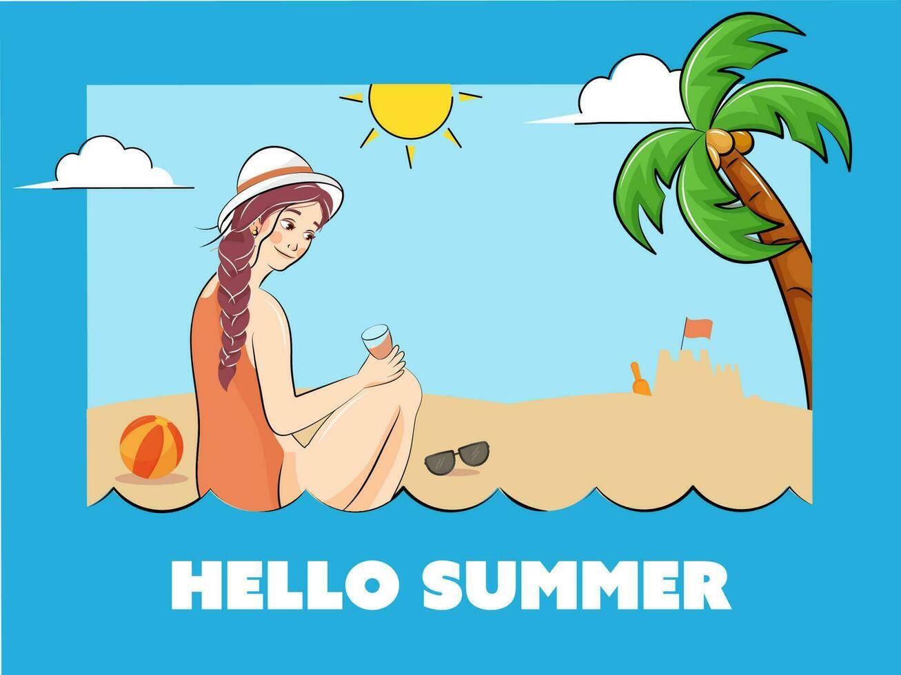 atractivo joven niña disfrutando bebida en playa para Hora de verano concepto. vector