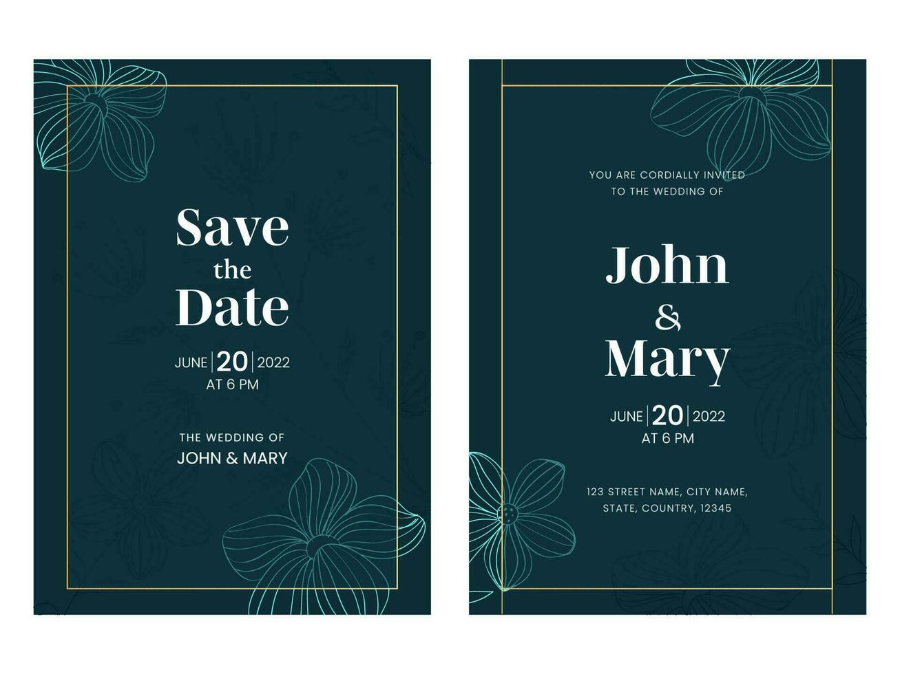 Boda invitación tarjeta modelo diseño con lineal flores en verde azulado color. vector