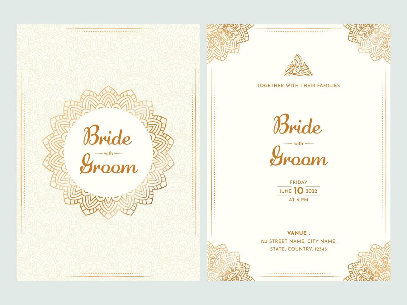 Islamic Wedding Invitation Card With Arabic Pattern In Front And Back Side. vector