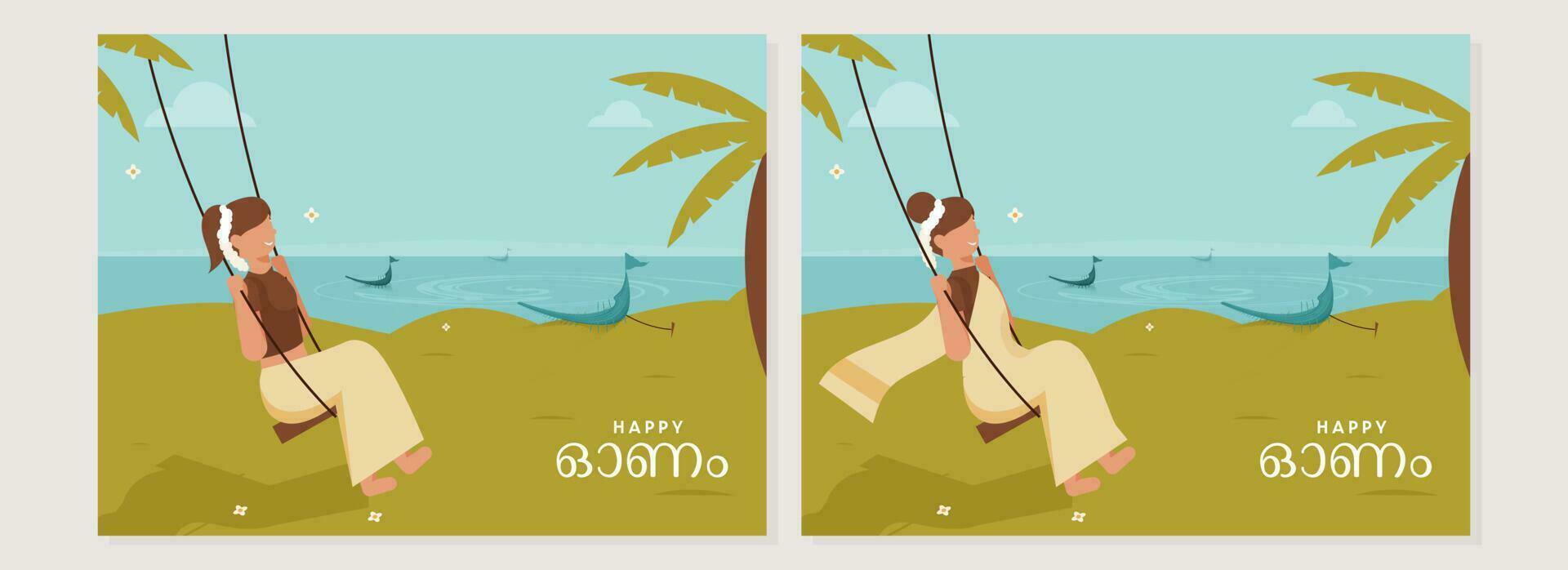 Happy Onam Celebration Greeting Cards With Young Lady Swinging On Nature View. vector