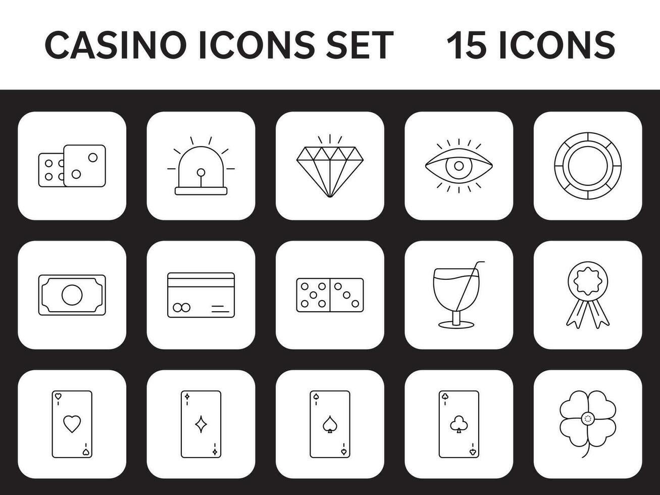 15 Lineart Casino Icon Set On Black And White Sqaure Background. vector