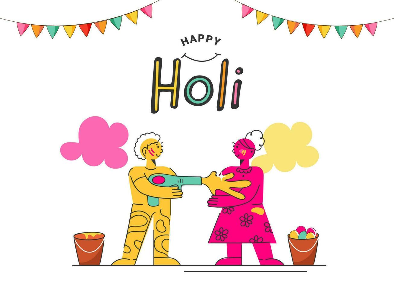 Doodle Illustration Of Cartoon Boy Throwing Color At Girl Through Water Gun  And Bunting Flags On White Background. vector