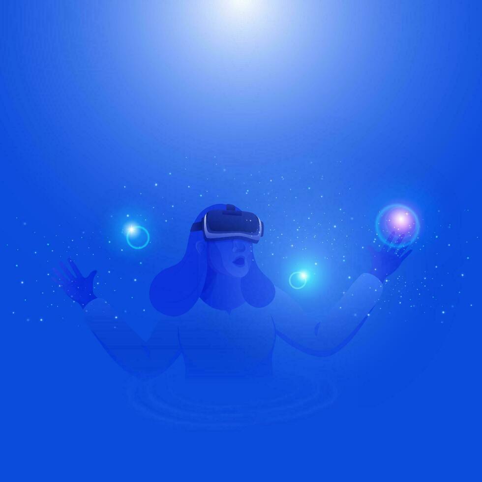 Woman Imaginary Or Touching Virtual Particles Through VR Glasses On Blue Background. vector