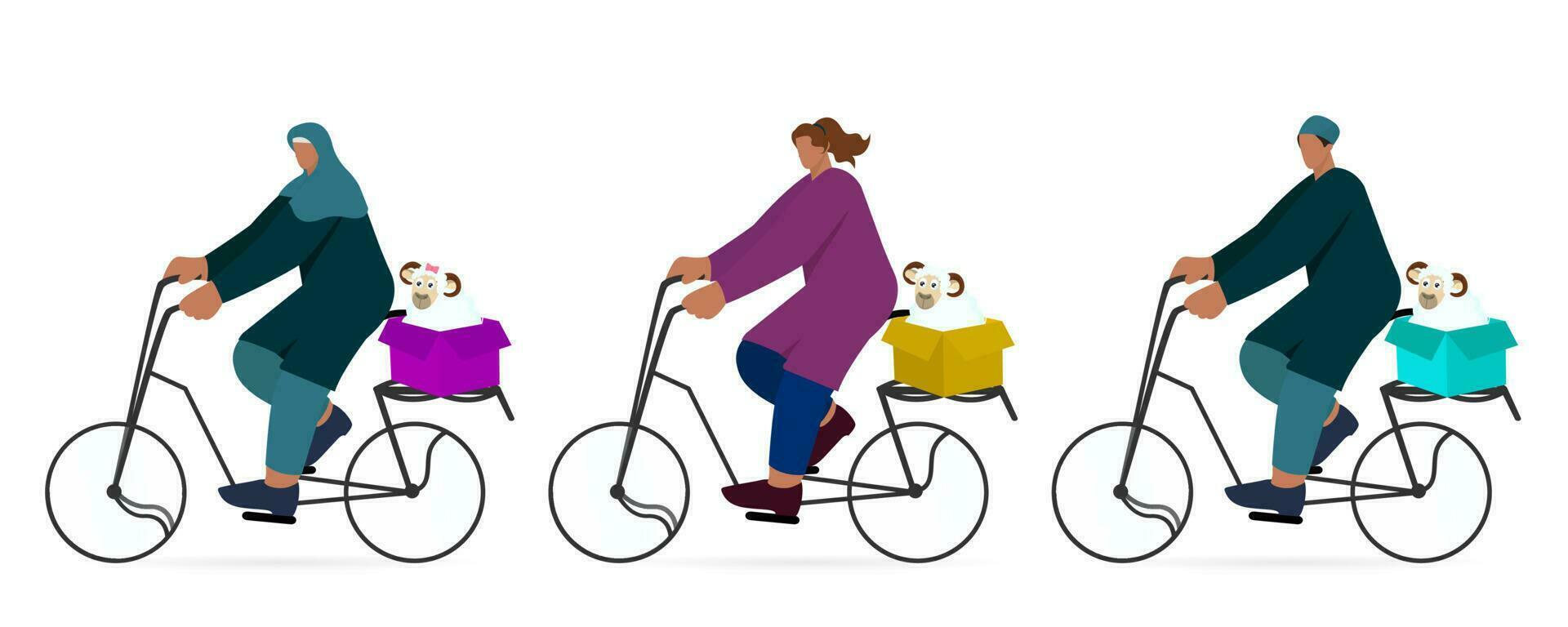 Illustration Of Diffrent Muslim Chartoon Character Driving a Bicycle with Sheep in Box On White Background. vector