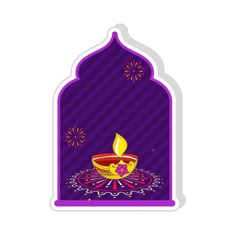 Sticker Style Burning Floral Diya On Rangoli Against Fireworks Door Way Background. vector