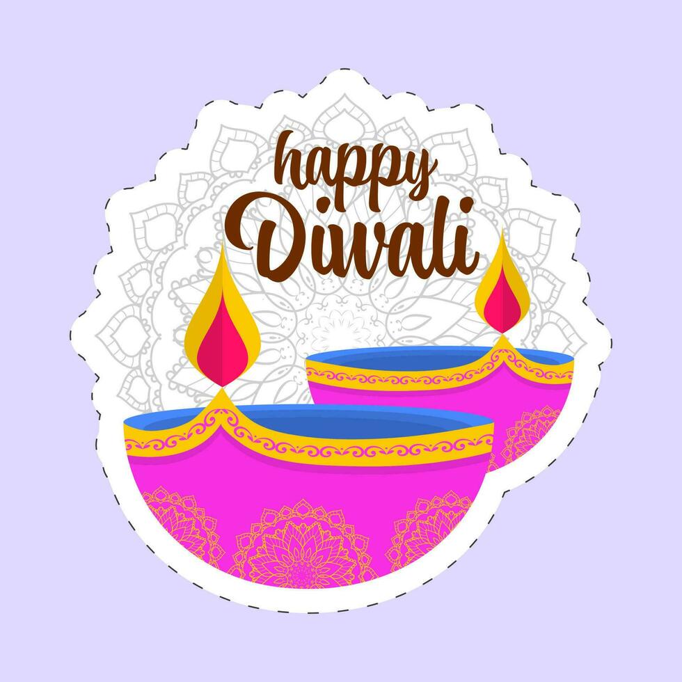 Sticker Style Happy Diwali Font With Lit Oil Lamp And Mandala Pattern On Pastel Violet Background. vector