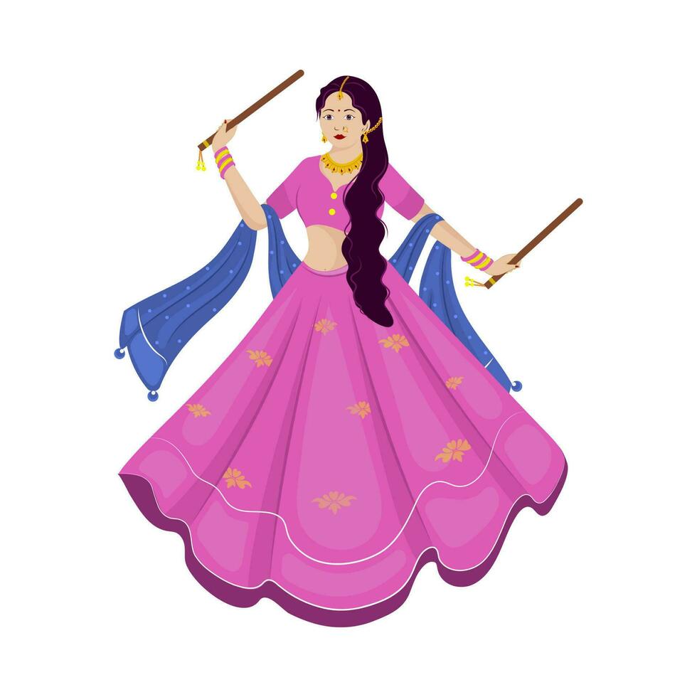 hermosa indio joven mujer jugando dandiya en tradicional atuendo en blanco antecedentes. vector