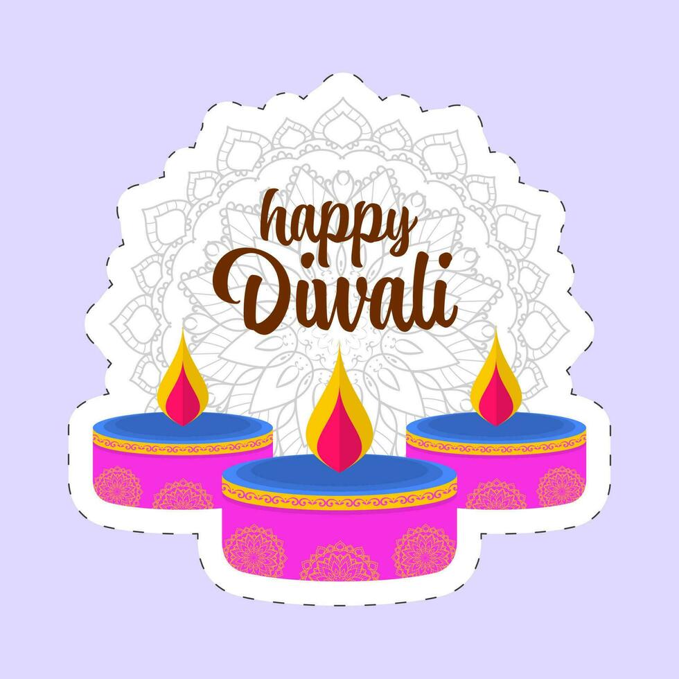 Happy Diwali Font With Lit Tealight Candles And Mandala Pattern In Sticky On Violet Background. vector