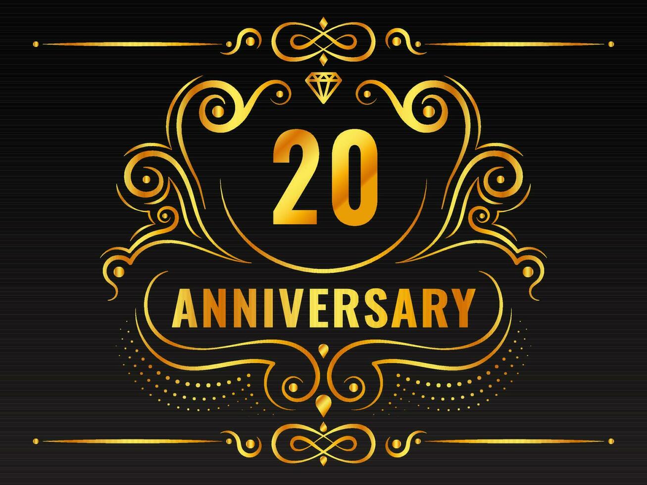 Golden 20th Anniversary Emblem With Motif On Black Background. vector