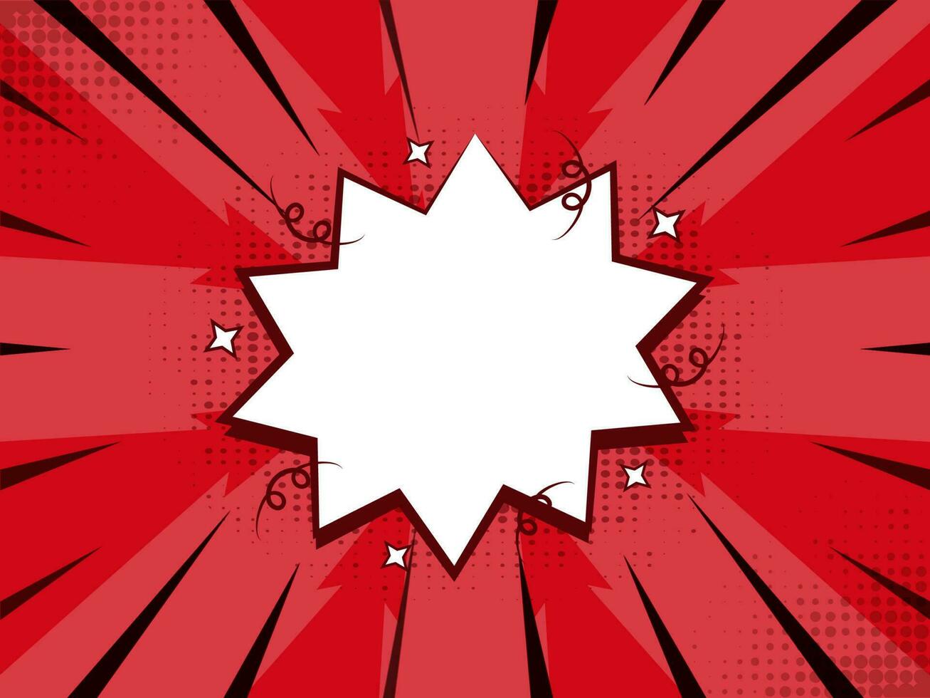 Empty Starburst Frame With Halftone Effect On Red Lightning Bolts Rays Background. vector