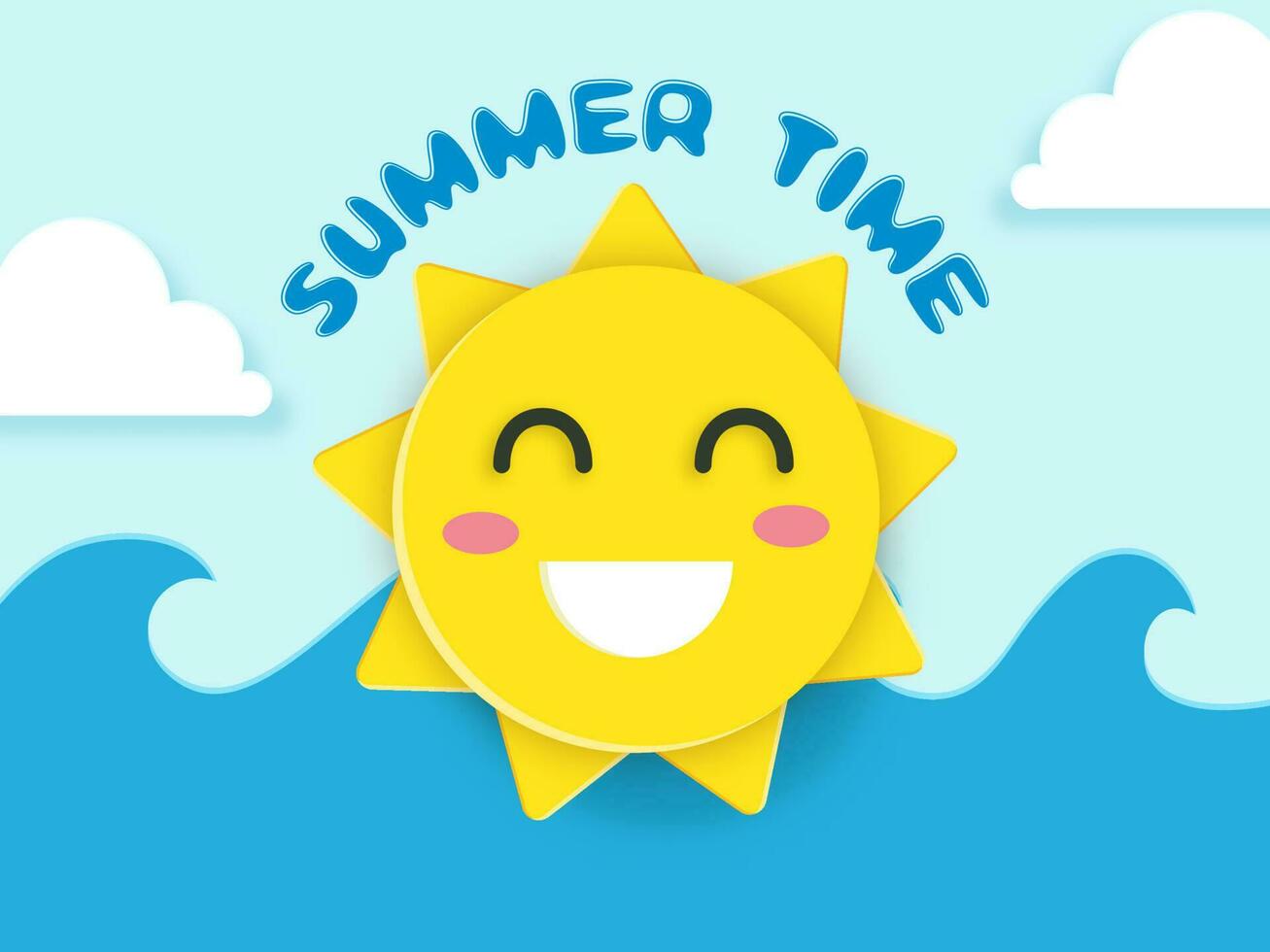 Summer Time Font With Paper Cut Cheerful Sun Emoji, Clouds And Water Wave On Blue Background. vector