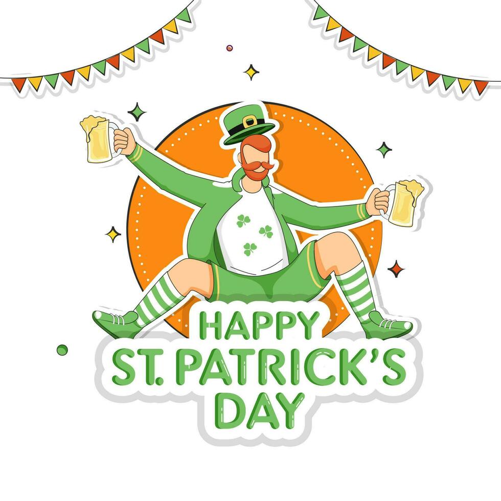 Sticker Style Happy St. Patrick's Day Font With Cartoon Leprechaun Man Holding Beer Mugs, Bunting Flags On Orange And White Background. vector