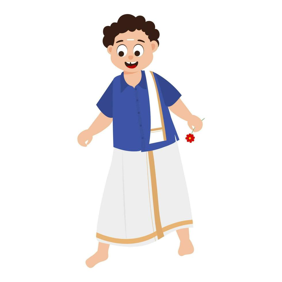 South Indian Cartoon Boy Holding A Flower On White Background. vector