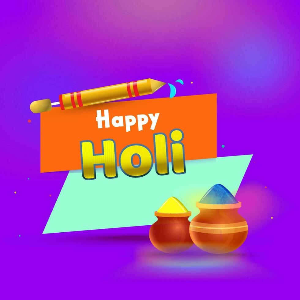 Happy Holi Font With Realistic Water Gun And Glossy Mud Pots Full Of Powder Color On Gradient Purple Background. vector