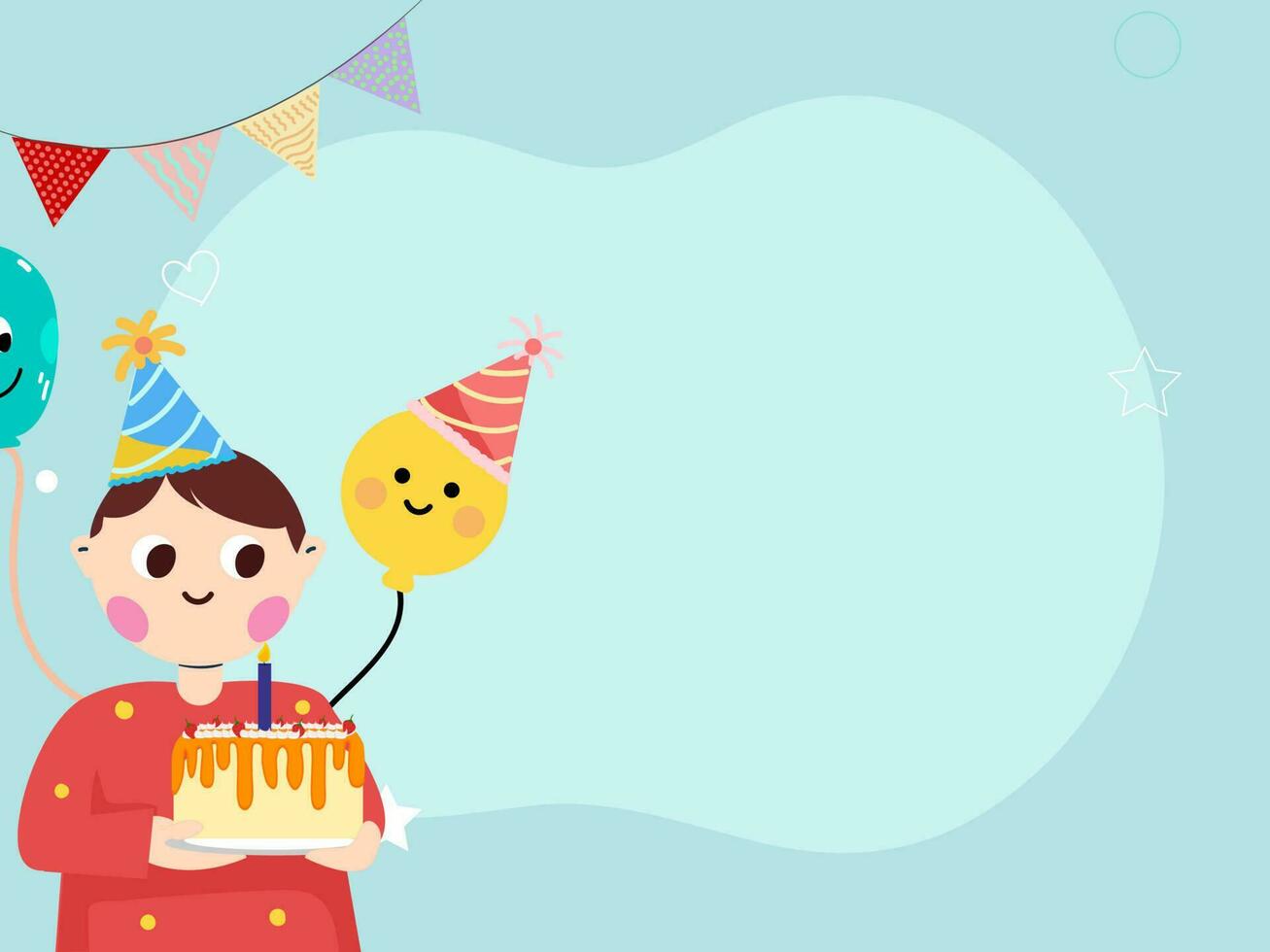 Birthday Concept with Cute Boy Character, Cake, Stars and Smiley Balloons. vector